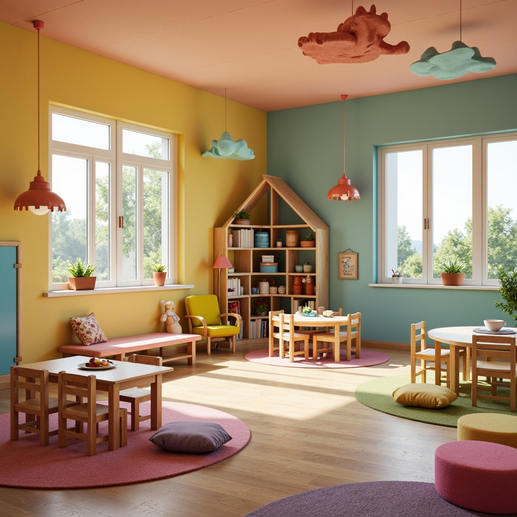 Prompt: Vibrant kindergarten interior, playful color scheme, soft rounded edges, wooden tables, colorful chairs, interactive learning tools, educational toys, cozy reading nooks, cushioned floors, natural light pouring in, large windows, minimalist shelving, creative storage solutions, whimsical decorative elements, textured fabrics, pastel hues, gentle lighting, shallow depth of field, 1/1 composition, realistic textures, ambient occlusion.