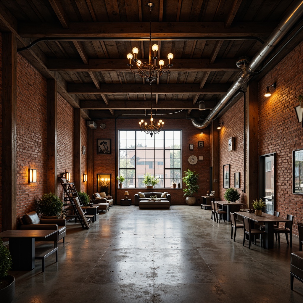 Prompt: Rustic warehouse interior, exposed beams, metal columns, brick walls, concrete floors, industrial chic decor, reclaimed wood accents, vintage factory lights, Edison bulbs, urban loft atmosphere, open space layout, minimal ornamentation, distressed finishes, earthy color palette, natural light pouring in, soft warm glow, shallow depth of field, 3/4 composition, realistic textures, ambient occlusion.