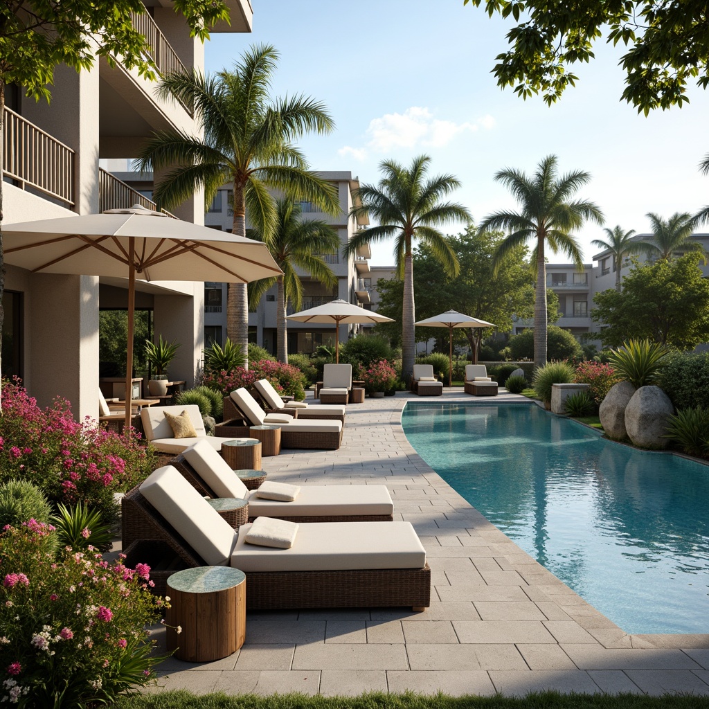 Prompt: Poolside lounge area, comfortable outdoor furniture, weather-resistant wicker chairs, plush cushions, umbrella tables, glass top coffee tables, tropical plants, palm trees, vibrant flowers, sunny day, warm ambient lighting, shallow depth of field, 3/4 composition, panoramic view, realistic textures, ambient occlusion.