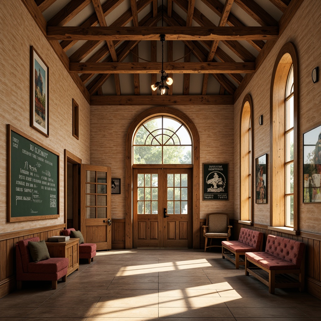 Prompt: Traditional school building, ornate fa\u00e7ade, brick walls, pitched roofs, wooden doors, rustic hardware, nostalgic atmosphere, warm beige colors, natural wood accents, classic chalkboards, vintage educational posters, comfortable seating areas, cozy reading nooks, abundant natural light, soft warm glow, shallow depth of field, 3/4 composition, realistic textures, ambient occlusion.