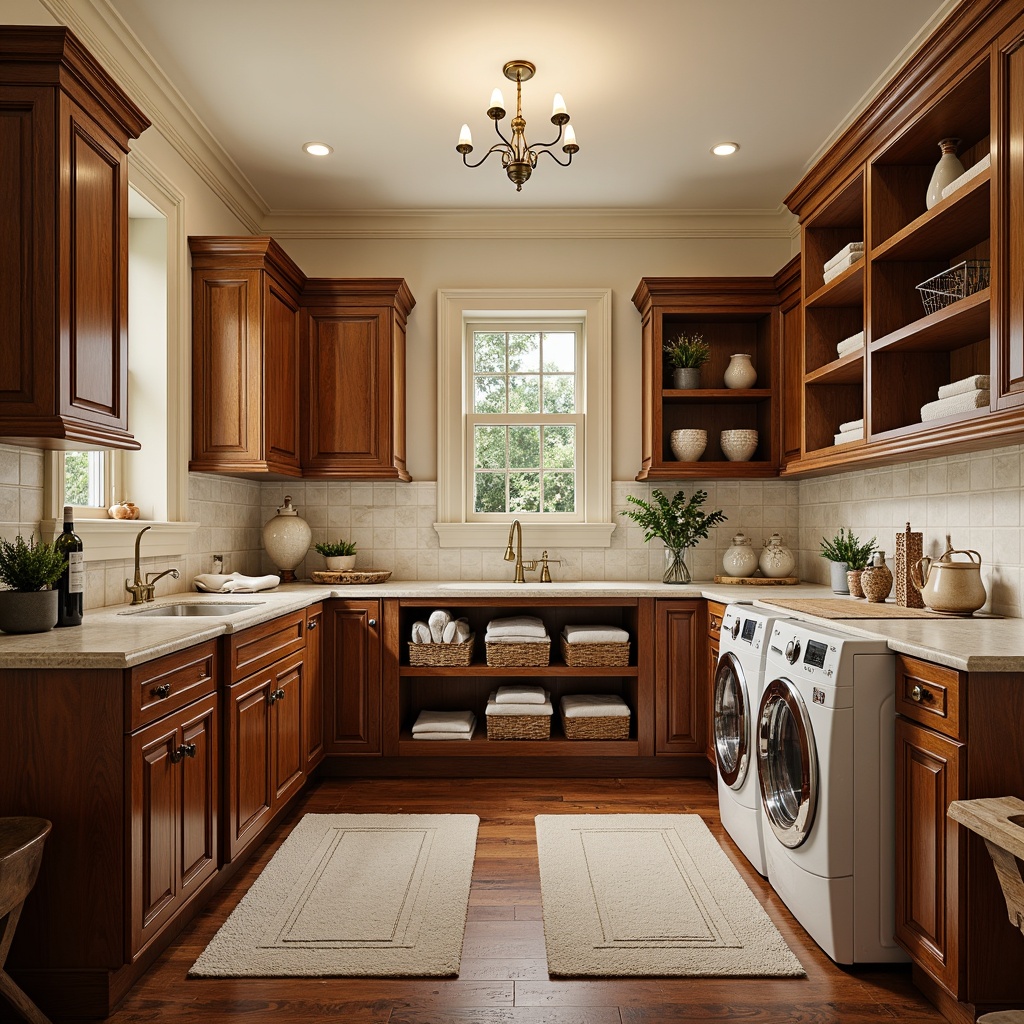 Prompt: Elegant laundry room, ornate wooden cabinetry, antique bronze hardware, soft cream walls, rich brown wood floors, ornamental molding details, natural stone countertops, classic ceramic tiles, vintage-inspired lighting fixtures, elegant chandeliers, luxurious fabrics, subtle patterned rugs, spacious storage shelves, sliding drawers, hidden compartments, innovative foldable laundry systems, retractable drying racks, smart storage solutions, warm ambient lighting, soft focus blur, 1/1 composition, realistic textures, ambient occlusion.