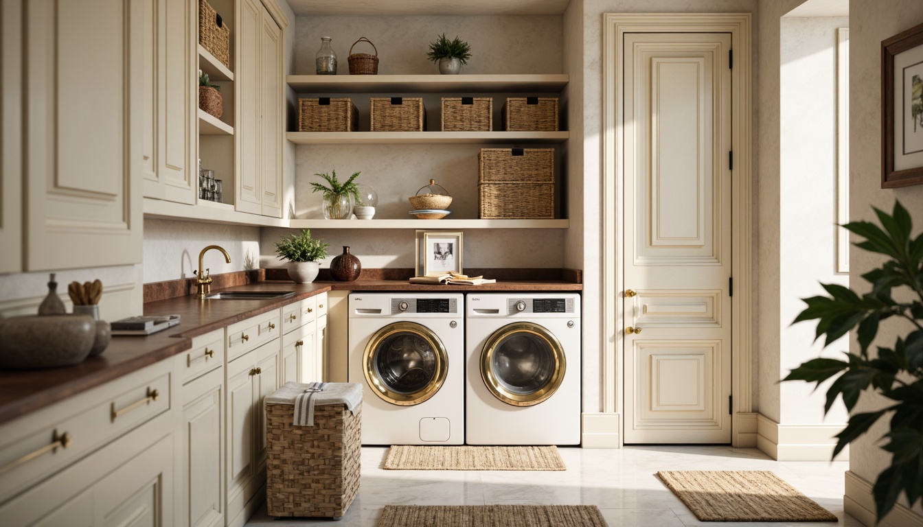 Prompt: Elegant laundry room, classic ornate cabinetry, soft cream-colored walls, polished marble countertops, ornate golden faucets, vintage-inspired washing machines, distressed wooden shelving, woven wicker baskets, plush area rugs, natural stone flooring, subtle warm lighting, 1/1 composition, shallow depth of field, realistic textures, ambient occlusion.