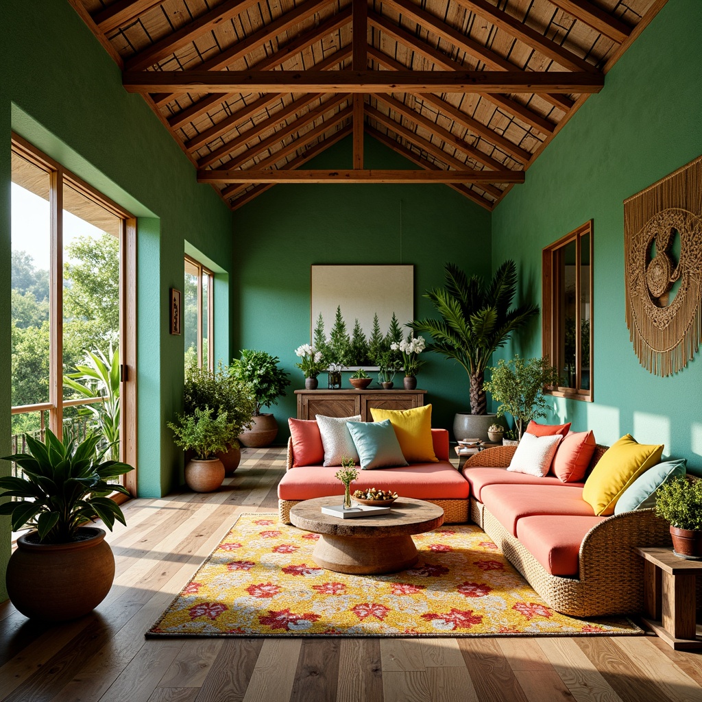 Prompt: Vibrant tropical interior, lush green walls, exotic wood accents, natural fibers, woven rattan furniture, colorful tiki patterns, bright coral hues, sunny yellow tones, soft mint greens, calming turquoise blues, warm beige textures, palm tree silhouettes, floral arrangements, rustic wooden decor, earthy terracotta pots, airy open spaces, natural light pouring in, shallow depth of field, 3/4 composition, panoramic view, realistic textures, ambient occlusion.