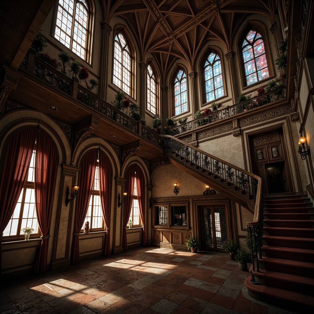 Prompt: Ornate Gothic staircase, grand archways, ribbed vaults, intricate stone carvings, majestic balustrades, ornamental ironwork, lavish drapery, stained glass windows, mysterious ambiance, dim warm lighting, dramatic shadows, high-contrast textures, 1/2 composition, atmospheric perspective, realistic architectural details.