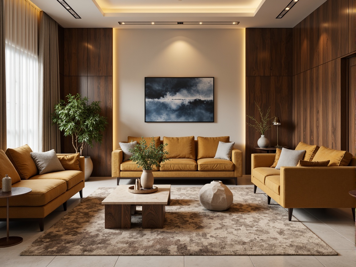 Prompt: Cozy living room, warm beige walls, rich walnut wood accents, plush velvet sofas, soft golden lighting, creamy marble coffee tables, natural fiber rugs, earthy terracotta vases, botanical greenery, moody blue-grey art pieces, warm brass hardware, inviting atmosphere, 1/2 composition, soft focus, realistic textures.