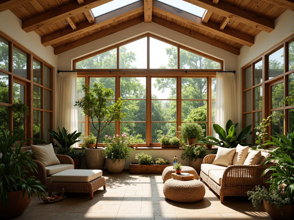 Prompt: Sun-kissed sunroom, lush greenery, vibrant potted plants, natural wood accents, woven wicker furniture, rattan ottomans, soft cushions, sheer curtains, warm earthy tones, organic textures, rustic stone flooring, clerestory windows, skylights, abundant natural light, dappled shade, cozy reading nooks, refreshing misting systems, tropical palm trees, fragrant blooming flowers, gentle breeze, serene ambiance, 1/1 composition, soft focus, warm color palette.