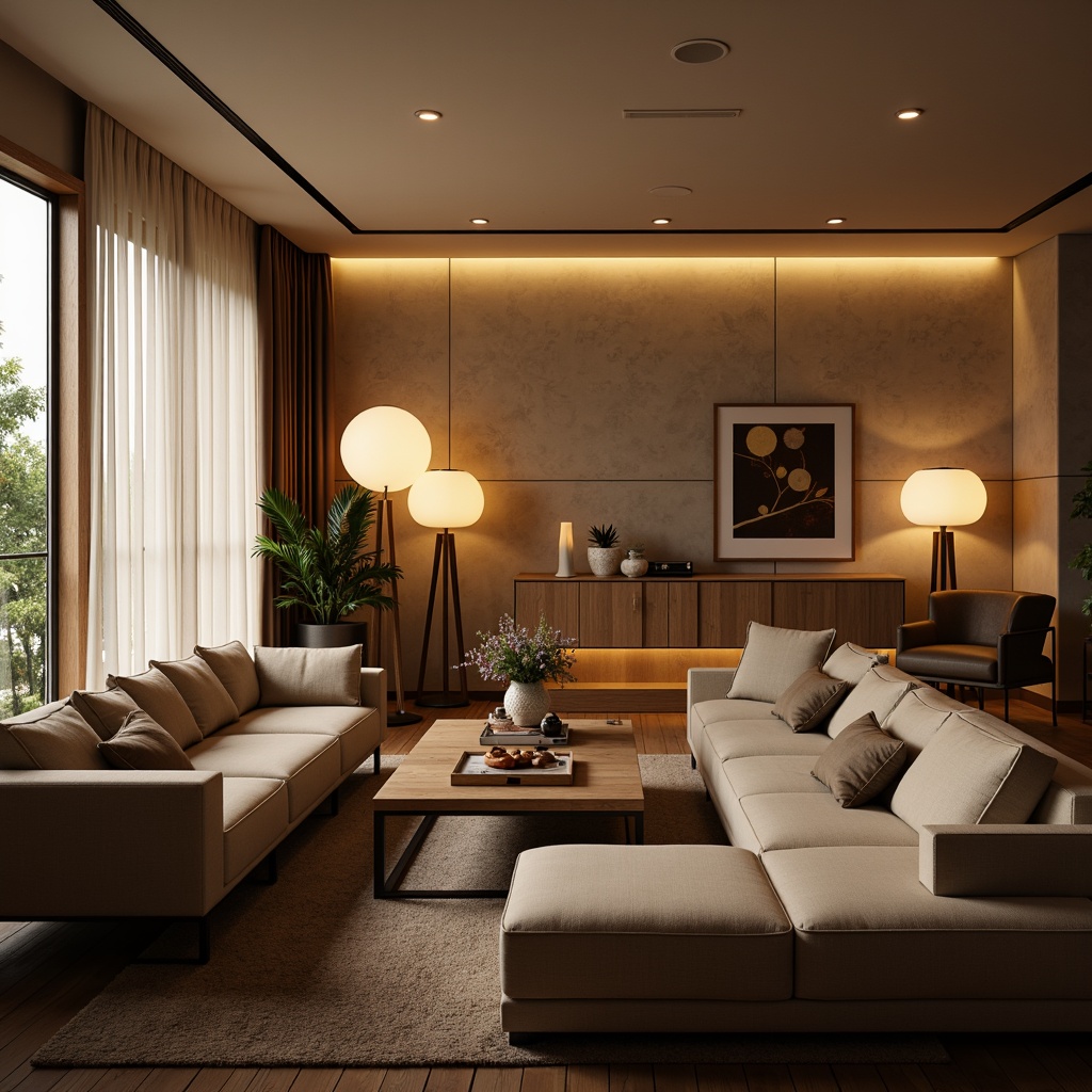 Prompt: Cozy living room, warm ambient lighting, soft glowing lamps, comfortable seating areas, wooden furniture, natural materials, earthy color palette, floor-to-ceiling windows, gentle daylight, sheer curtains, subtle shading devices, layered lighting effects, adjustable brightness levels, energy-efficient LED lights, minimalist ceiling fixtures, elegant table lamps, decorative wall sconces, warm beige tones, inviting atmosphere, relaxing ambiance, functional task lighting.