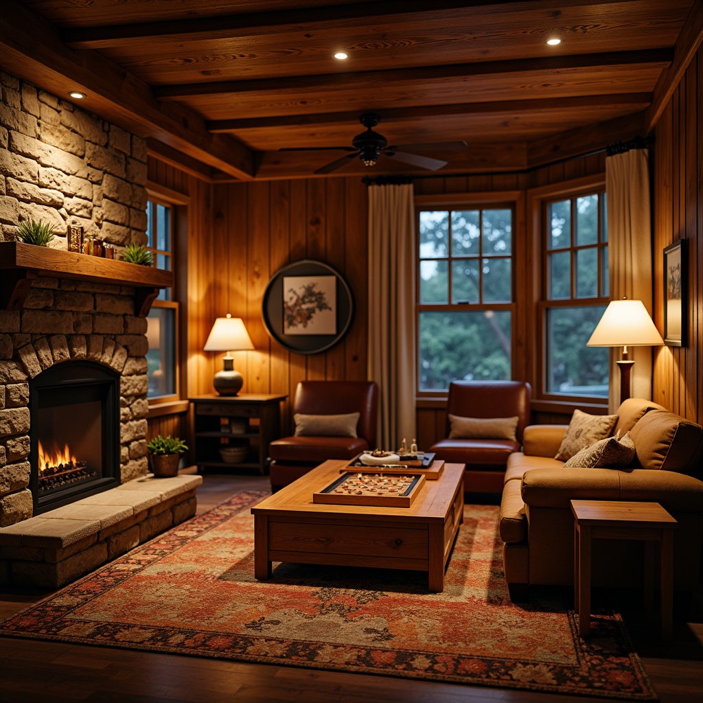 Prompt: Cozy game room, warm wood tones, rustic furniture pieces, plush leather sofas, wooden coffee tables, vintage metal lamps, rich brown carpeting, natural stone fireplace, earthy color palette, comfortable seating areas, wooden wall paneling, classic board games, warm ambient lighting, shallow depth of field, 1/1 composition, realistic textures, subtle atmospheric effects.