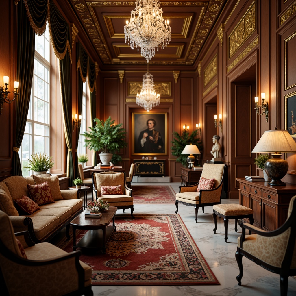 Prompt: Luxurious interior space, ornate furnishings, lavish textiles, intricate patterns, gilded accents, crystal chandeliers, velvet drapes, marble floors, carved wooden panels, antique artifacts, opulent color palette, warm golden lighting, shallow depth of field, 1/2 composition, soft focus, realistic materials, ambient occlusion.