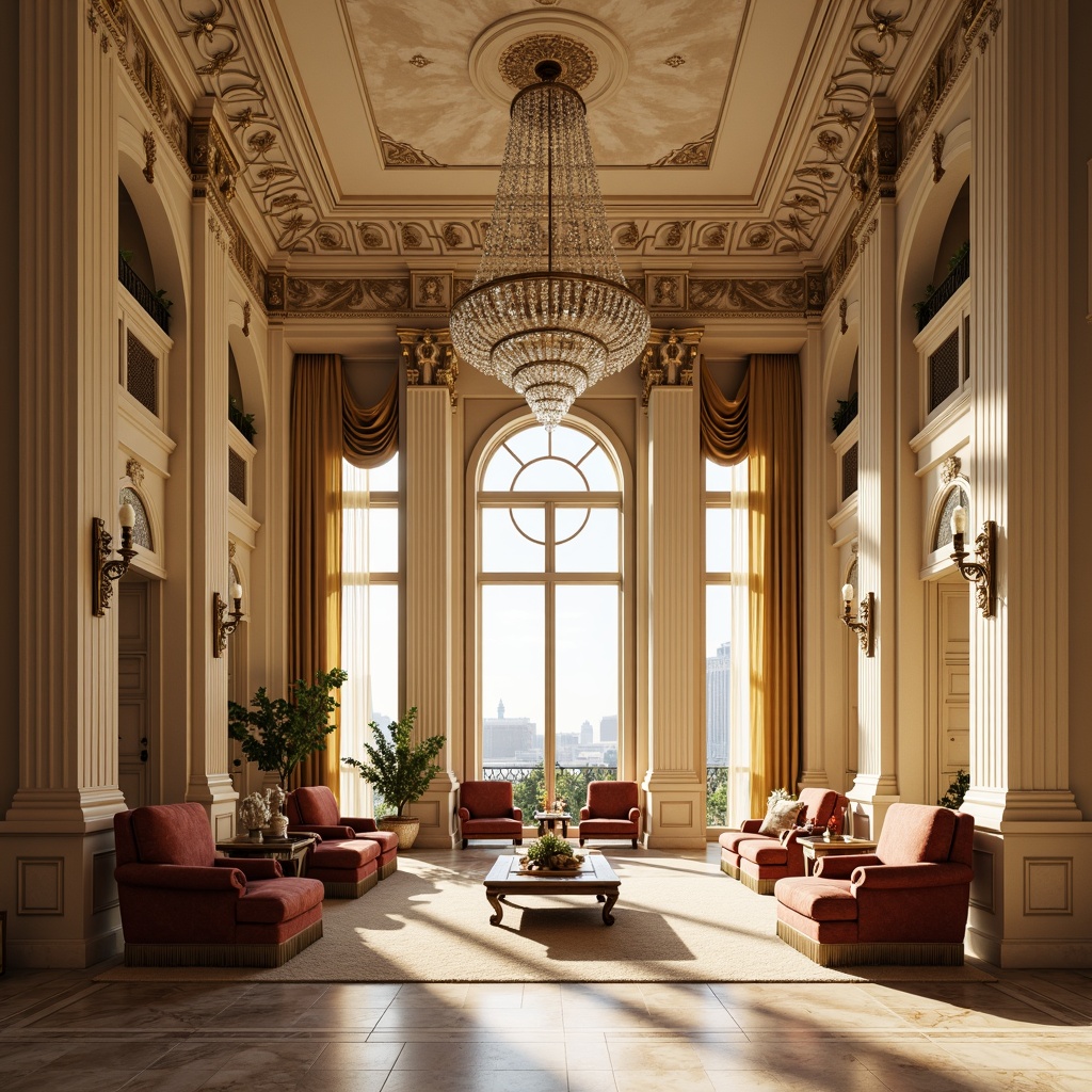 Prompt: Grand neoclassical interior, opulent furnishings, rich velvet fabrics, intricate carvings, ornate moldings, creamy marble surfaces, gilded accents, lavish chandeliers, crystal droplets, warm beige tones, soft golden lighting, majestic archways, Corinthian columns, frescoed ceilings, luxurious silk drapes, refined wood paneling, subtle cream textures, elegant symmetry, 1/2 composition, soft focus, atmospheric perspective.