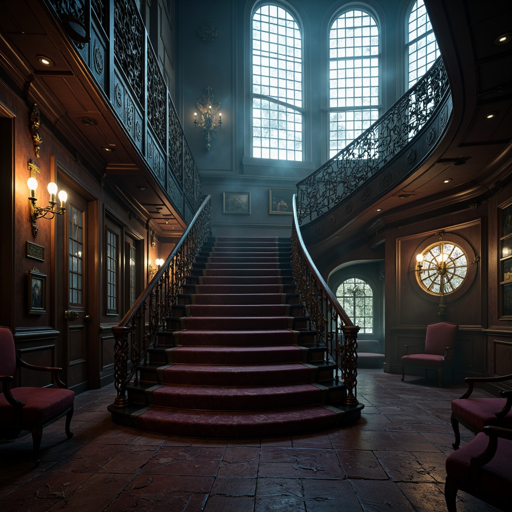 Prompt: Intricate gothic staircase, ornate iron railings, twisted metal banisters, grand curved landings, mysterious dark wood tones, rich velvet upholstery, mystical stained glass windows, foggy misty atmosphere, dim warm lighting, shallow depth of field, 1/1 composition, realistic metallic textures, ambient occlusion.