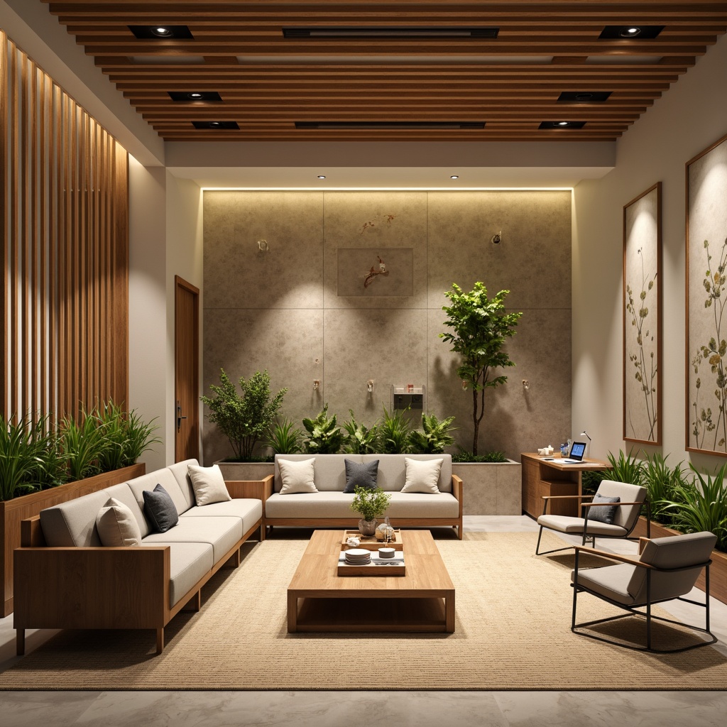 Prompt: Sleek dental clinic, minimalist waiting area, low-seating sofas, wooden coffee tables, natural fiber rugs, bamboo accents, subtle lighting, paper lanterns, Japanese-inspired wall art, traditional Chinese motifs, calming water features, lush green plants, modern dental chairs, stainless steel equipment, LED light therapy, soothing beige colors, warm wood tones, shallow depth of field, 1/1 composition, soft focus, realistic textures.