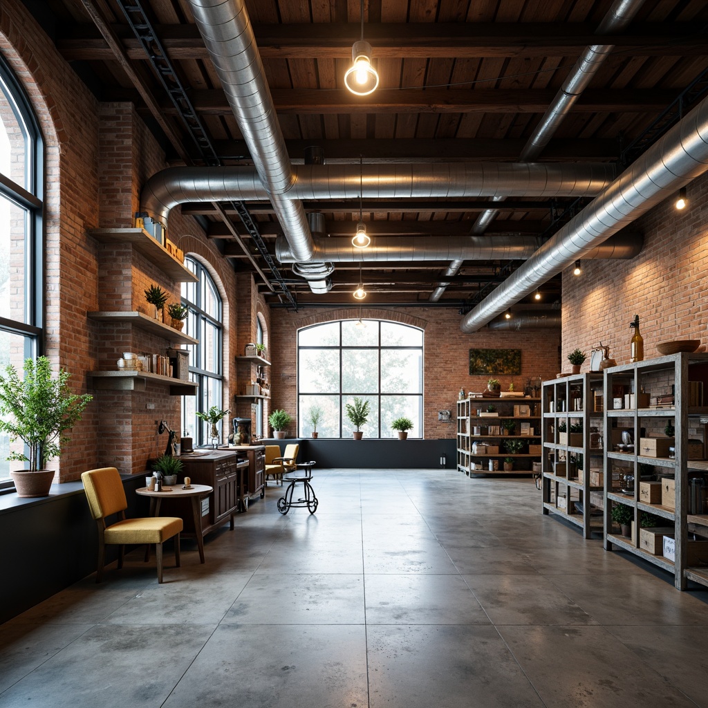 Prompt: Exposed ductwork, metal beams, polished concrete floors, industrial-style lighting fixtures, reclaimed wood accents, urban loft atmosphere, minimalist decor, functional metal shelving, distressed brick walls, vintage manufacturing equipment, Edison bulbs, metallic color scheme, high ceilings, open floor plan, natural light pouring in, soft warm glow, shallow depth of field, 3/4 composition, realistic textures, ambient occlusion.