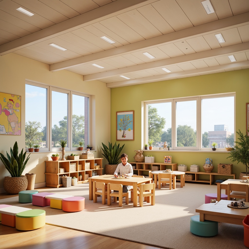 Prompt: Vibrant kindergarten interior, playful furniture design, soft pastel colors, rounded edges, kid-friendly materials, wooden tables, colorful chairs, cushioned benches, educational murals, interactive whiteboards, natural textiles, woven baskets, potted plants, sunny windows, warm cozy lighting, shallow depth of field, 1/2 composition, intimate atmosphere, realistic textures, ambient occlusion.