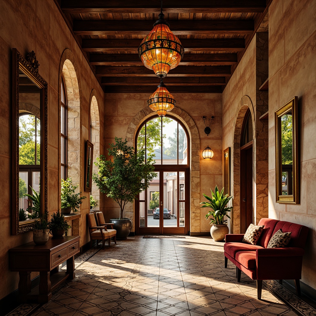 Prompt: Vibrant entrance hall, eclectic mix of materials, wooden paneling, distressed finishes, metallic accents, ornate mirrors, rustic stone walls, plush velvet fabrics, intricate tile patterns, Moroccan-inspired arches, colorful glass chandeliers, ornate metalwork, antique furnishings, warm golden lighting, dramatic shadows, shallow depth of field, 1/2 composition, realistic textures, ambient occlusion.