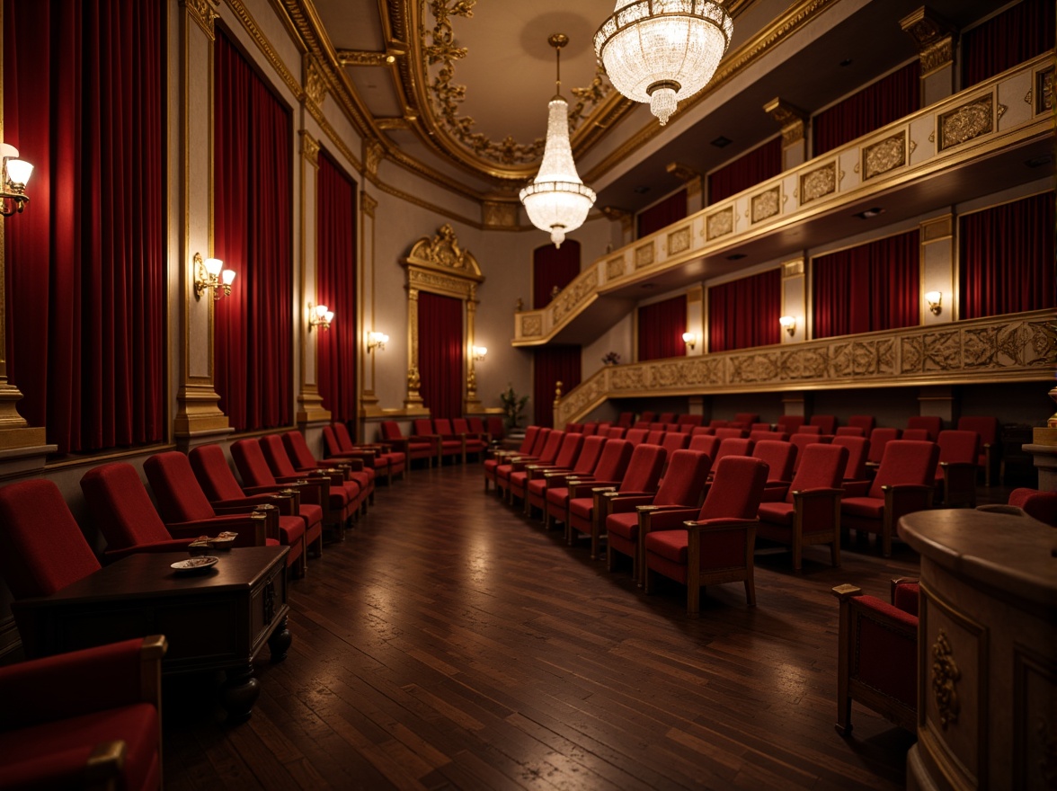 Prompt: Ornate theater interior, traditional style, velvet curtains, gilded moldings, crystal chandeliers, wooden flooring, comfortable seating, plush red upholstery, golden armrests, intricately carved details, dimmed warm lighting, shallow depth of field, 1/2 composition, cinematic perspective, realistic textures, ambient occlusion.