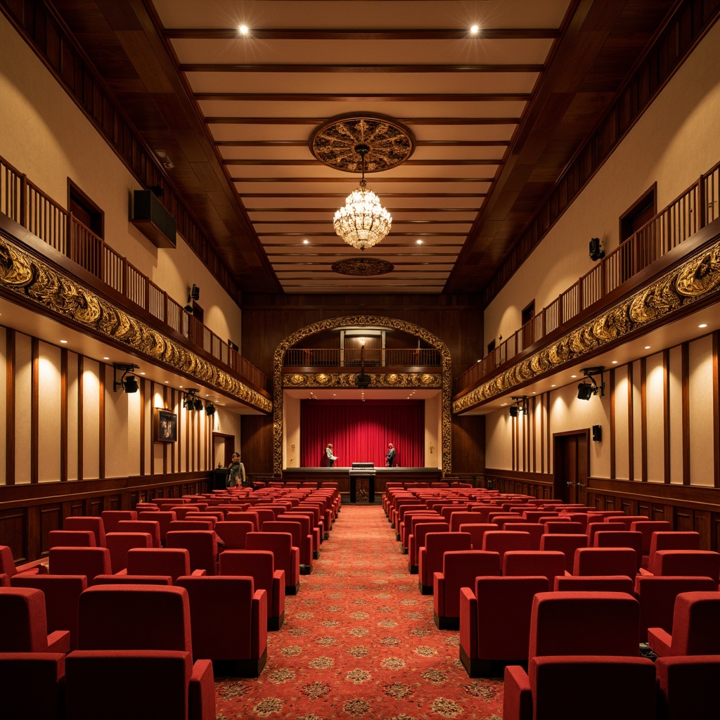 Prompt: Elegant theater interior, rich wood tones, plush red velvet seats, ornate golden details, subtle ambient lighting, sound-absorbing acoustic panels, minimalist ceiling design, precise speaker placement, optimized reverberation time, warm beige walls, soft carpet flooring, curved balcony seating, dramatic stage lighting, grand chandelier, luxurious VIP areas, intimate setting, 1/2 composition, soft focus, warm color palette.