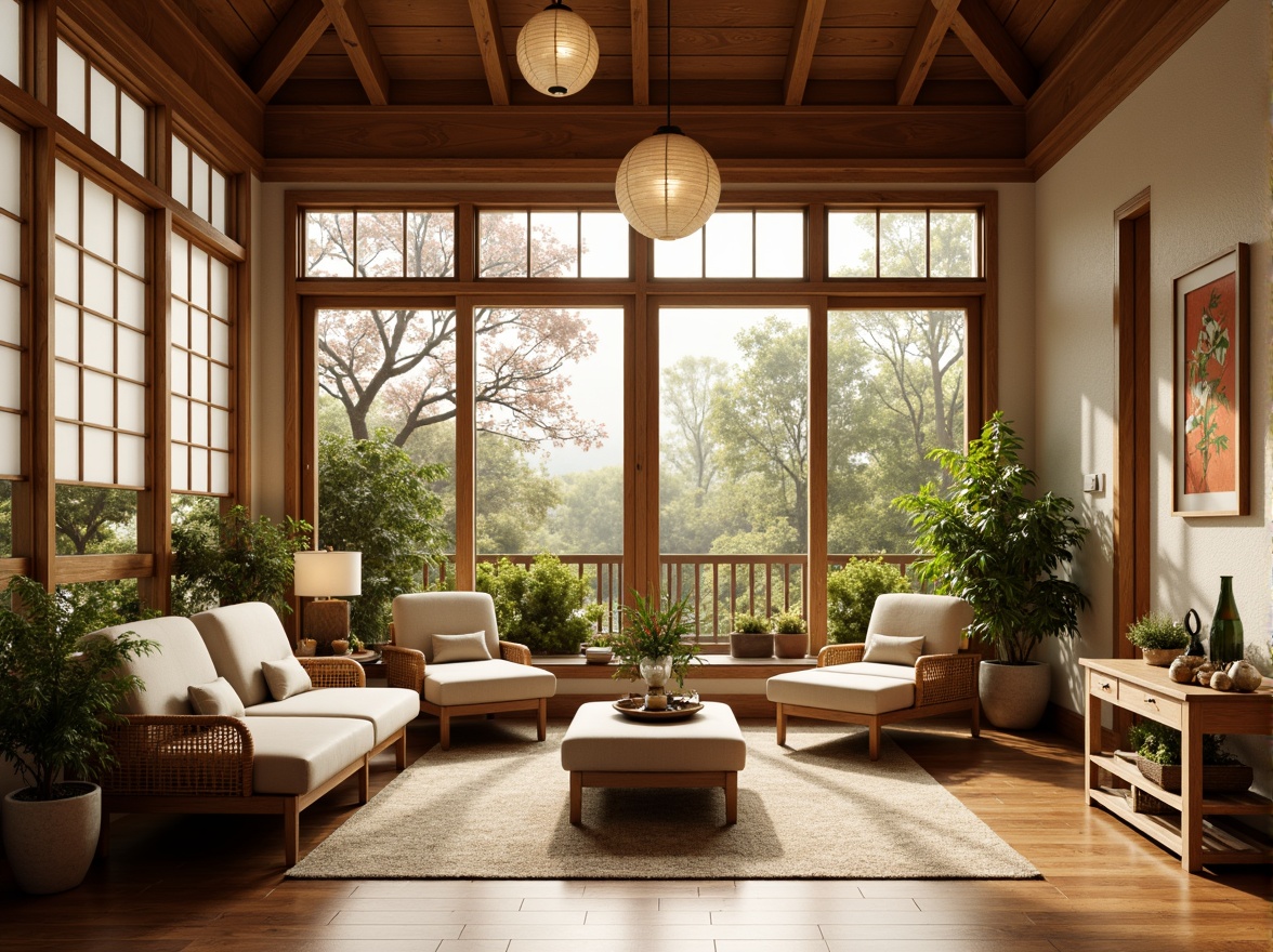 Prompt: Serenely lit sunroom, traditional Asian-inspired furniture, natural wood tones, woven rattan chairs, plush silk cushions, ornate paper lanterns, sliding shoji screens, bamboo accents, delicate cherry blossom patterns, soft beige walls, polished wooden floors, lush greenery views, floor-to-ceiling windows, warm golden lighting, shallow depth of field, 1/2 composition, realistic textures, ambient occlusion.