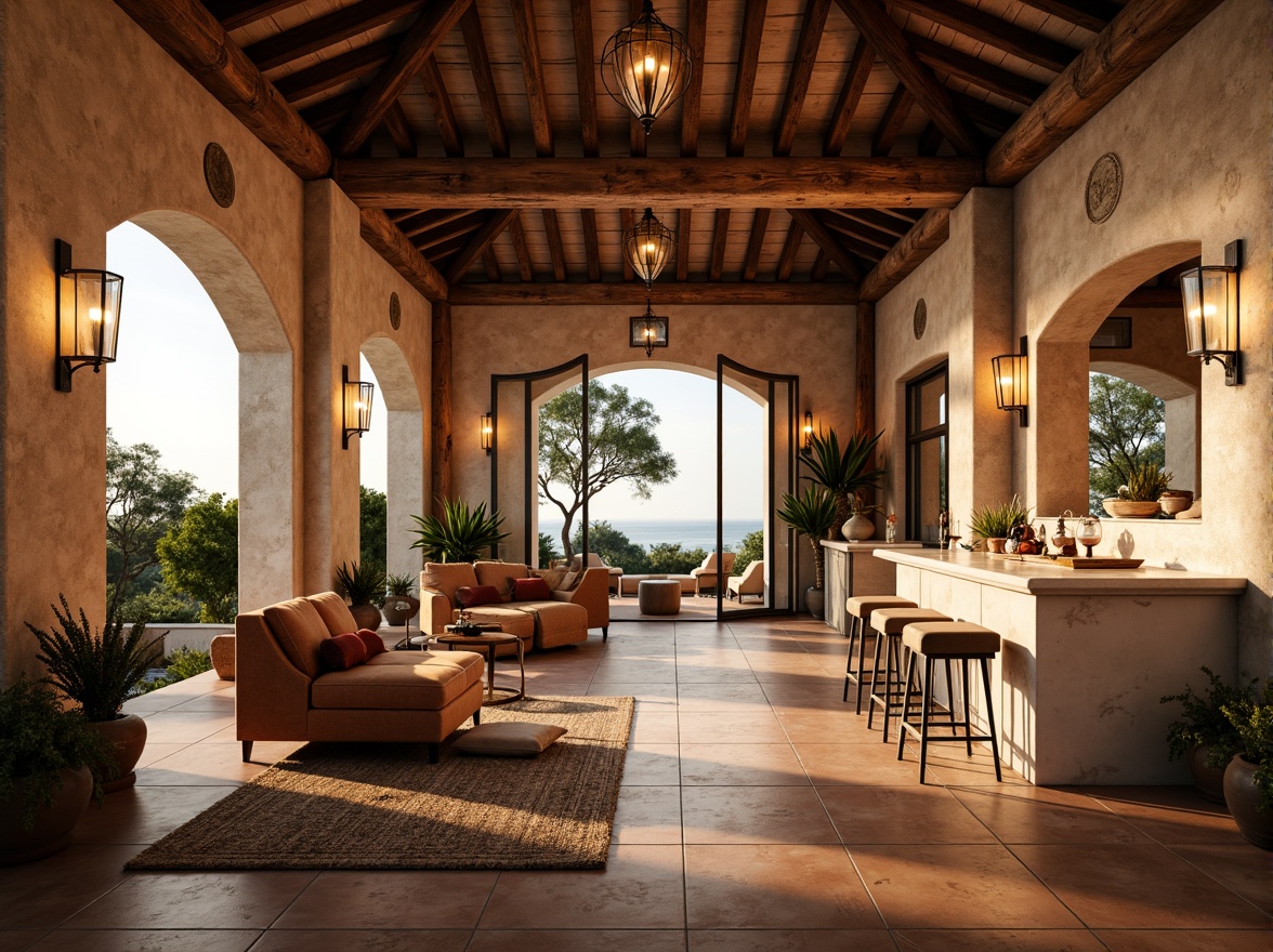 Prompt: Warm Mediterranean villa, rustic stone walls, terracotta floors, ornate wooden ceiling beams, plush velvet furniture, creamy white marble countertops, warm golden lighting, elegant crystal chandeliers, wrought iron sconces, ambient table lamps, soft glowing pendant lights, natural fiber rugs, lush greenery, large windows, panoramic ocean views, sunny day, gentle sea breeze, warm cozy atmosphere, 1/2 composition, shallow depth of field, realistic textures, subtle shading.