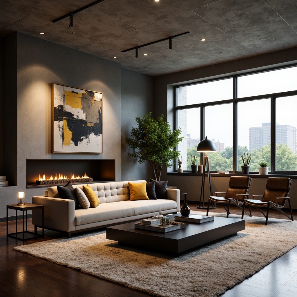 Prompt: Modern living room, sleek coffee table, tufted velvet sofa, minimalist wooden chairs, industrial metal floor lamps, abstract artwork, plush area rugs, natural stone fireplace, large windows, urban loft atmosphere, warm ambient lighting, shallow depth of field, 3/4 composition, realistic textures, subtle color palette.