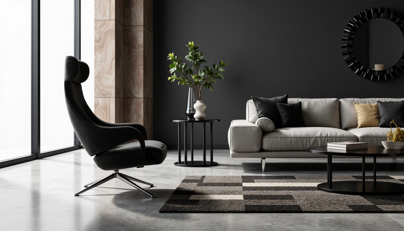 Prompt: Streamlined armchair, low-profile sofa, metallic legs, chromed accents, minimalist coffee table, geometric-patterned rug, curved lines, aerodynamic shapes, monochromatic color scheme, high-gloss finish, futuristic ambiance, soft diffused lighting, 1/1 composition, close-up shot, realistic reflections, ambient occlusion, luxurious textiles, velvety upholstery, bold color blocking, Scandinavian-inspired design elements.