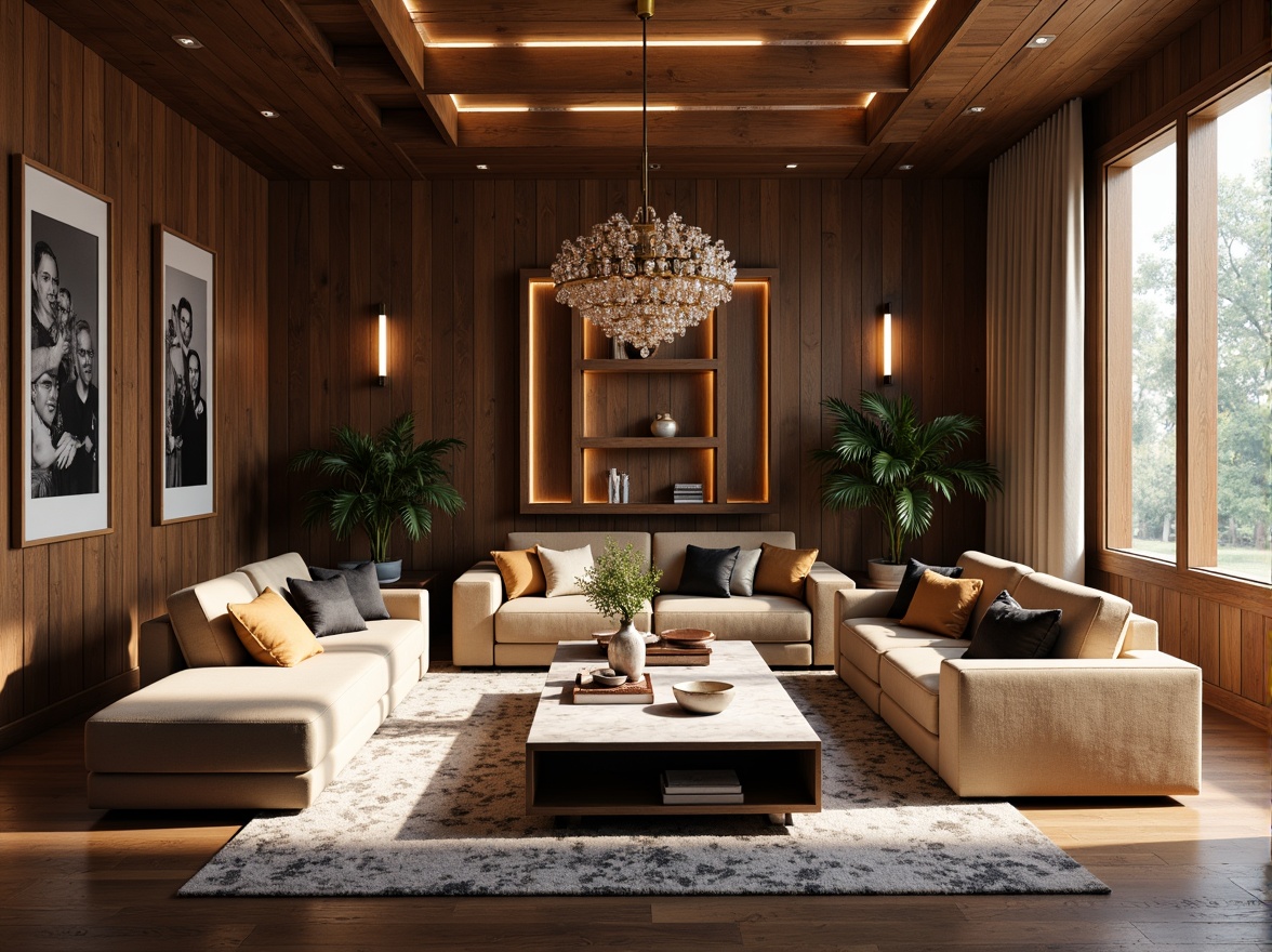 Prompt: Luxurious living room, rich wood paneling, velvety sofas, marble coffee tables, textured rugs, patterned throw pillows, metallic accents, modern chandelier, floor-to-ceiling windows, natural light pouring in, subtle warm ambiance, soft box lighting, shallow depth of field, 1/2 composition, realistic material textures, ambient occlusion.