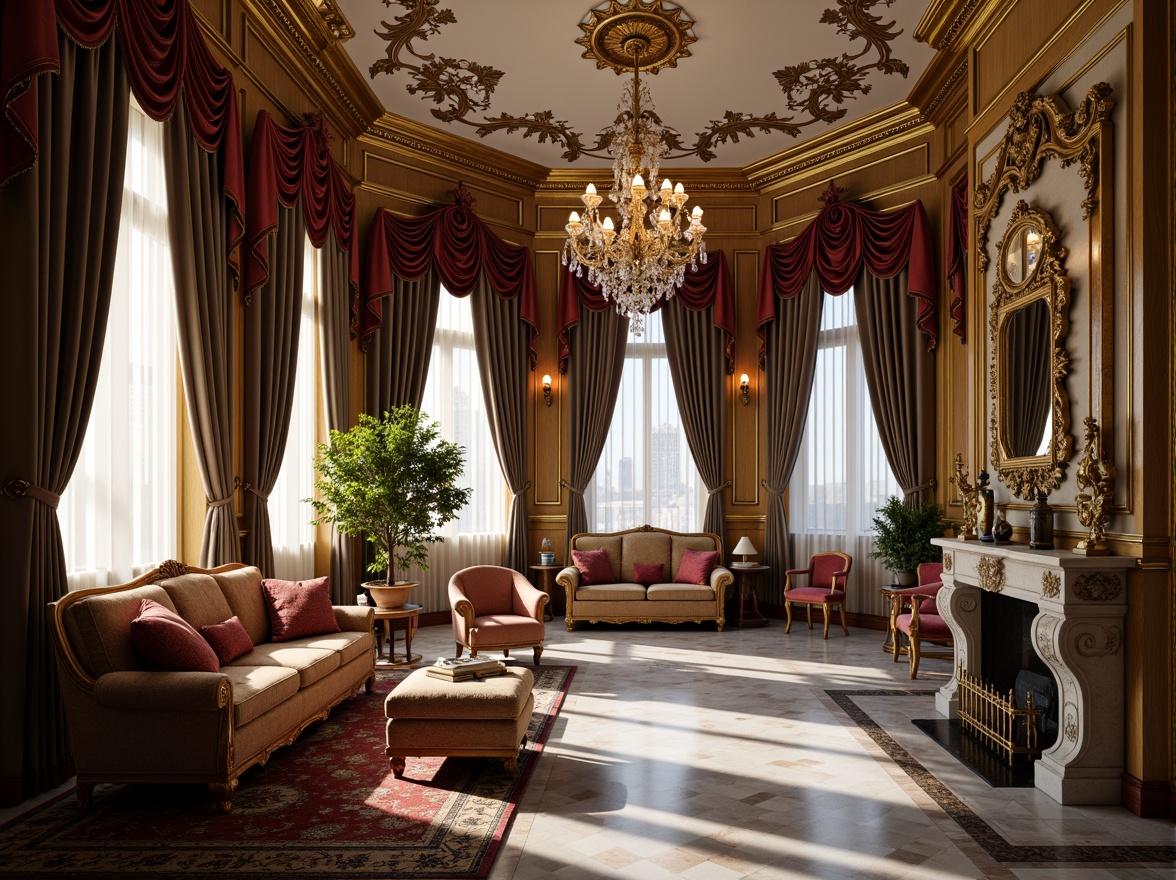 Prompt: Opulent Rococo apartment, lavish furnishings, intricate carvings, ornate moldings, gilded accents, luxurious fabrics, velvet drapes, crystal chandeliers, marble floors, curved lines, whimsical patterns, soft warm lighting, shallow depth of field, 1/2 composition, intimate atmosphere, realistic textures, ambient occlusion.