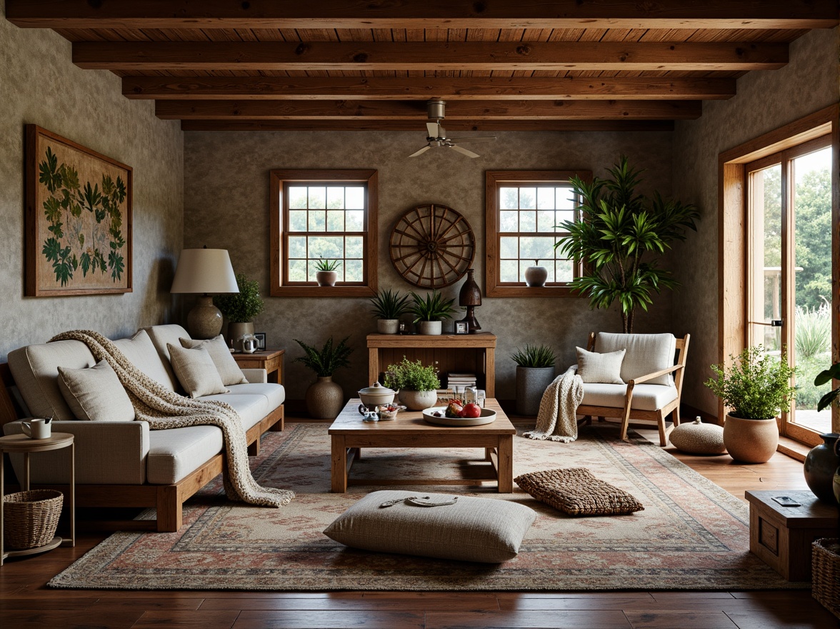 Prompt: Rustic farmhouse, vintage furniture accents, distressed wood tones, plush throw blankets, woven baskets, potted greenery, natural textiles, earthy color palette, exposed brick walls, wooden beam ceilings, soft warm lighting, cozy atmosphere, comfortable seating areas, rustic metal decor, antique accessories, floral patterns, natural fabrics, organic shapes, 1/2 composition, intimate perspective, realistic textures, subtle color grading.