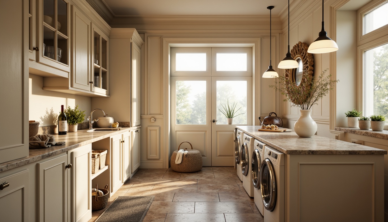 Prompt: Warm laundry room, classic interior design, soft creamy walls, elegant cabinetry, ornate moldings, subtle chrome accents, marble countertops, linen fabrics, vintage washing machines, distressed wood floors, natural stone tiles, warm beige tones, softbox lighting, pendant lamps, frosted glass shades, ambient illumination, gentle glow, 1/2 composition, intimate atmosphere, realistic textures, subtle reflections.