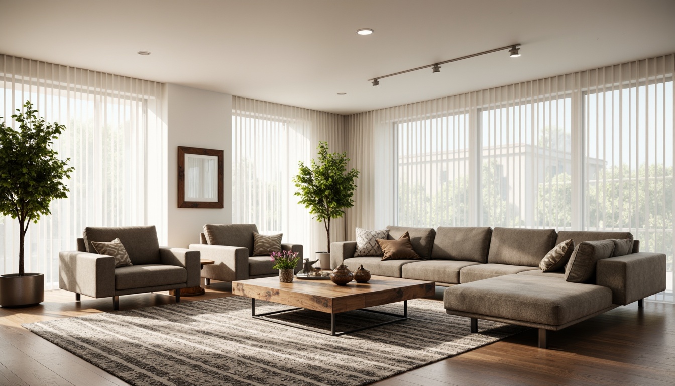 Prompt: Modern minimalist living room, sleek low-profile sofas, tufted velvet armchairs, reclaimed wood coffee tables, industrial metal side tables, geometric patterned rugs, floor-to-ceiling windows, sheer white curtains, soft warm lighting, 1/1 composition, shallow depth of field, realistic textures, ambient occlusion.