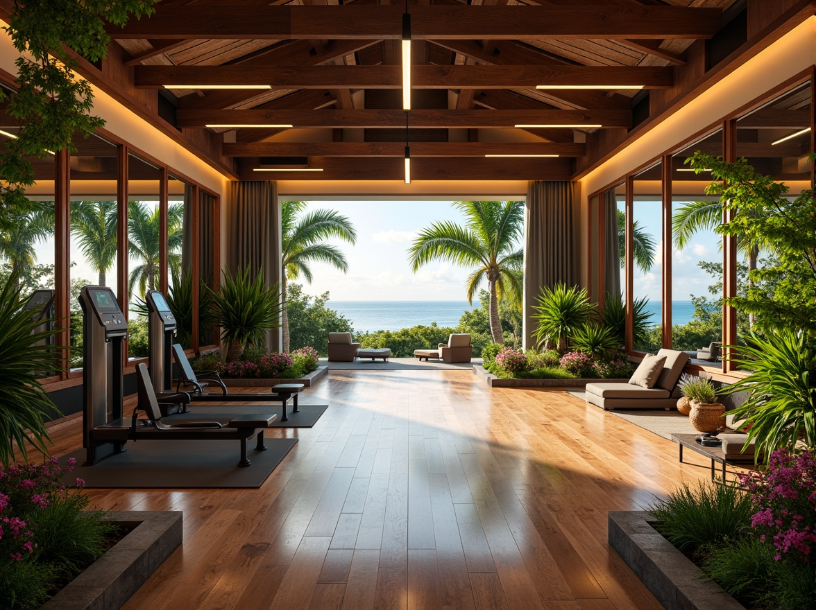 Prompt: Tropical home gym, natural wood flooring, lush greenery, vibrant flowers, large windows, soft warm lighting, indirect sunlight, LED strip lights, color-changing ambiance, mirrored walls, modern fitness equipment, free weights, exercise mats, motivational quotes, calming ocean views, refreshing breeze, shallow depth of field, 3/4 composition, realistic textures.