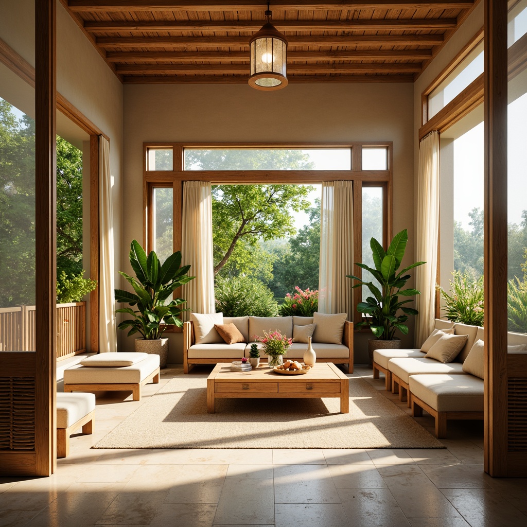 Prompt: Sunny Asian-style sunroom, sliding glass doors, floor-to-ceiling windows, natural wood accents, bamboo furniture, minimalist decor, paper lanterns, lush greenery, vibrant flowers, tropical plants, warm beige walls, polished stone floors, soft cream-colored curtains, subtle Asian-inspired patterns, morning sunlight, gentle warm lighting, shallow depth of field, 1/1 composition, panoramic view, realistic textures, ambient occlusion.