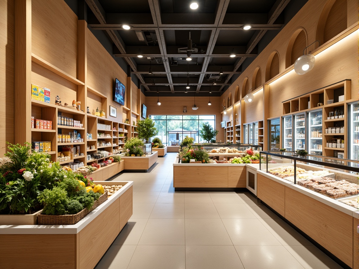 Prompt: Vibrant supermarket, warm beige walls, rich wood accents, fresh green produce stands, crisp white shelves, colorful packaged goods, appetizing food displays, enticing bakery cases, modern metal fixtures, sleek glass refrigerators, bright overhead lighting, soft warm ambiance, 3/4 composition, shallow depth of field, realistic textures.