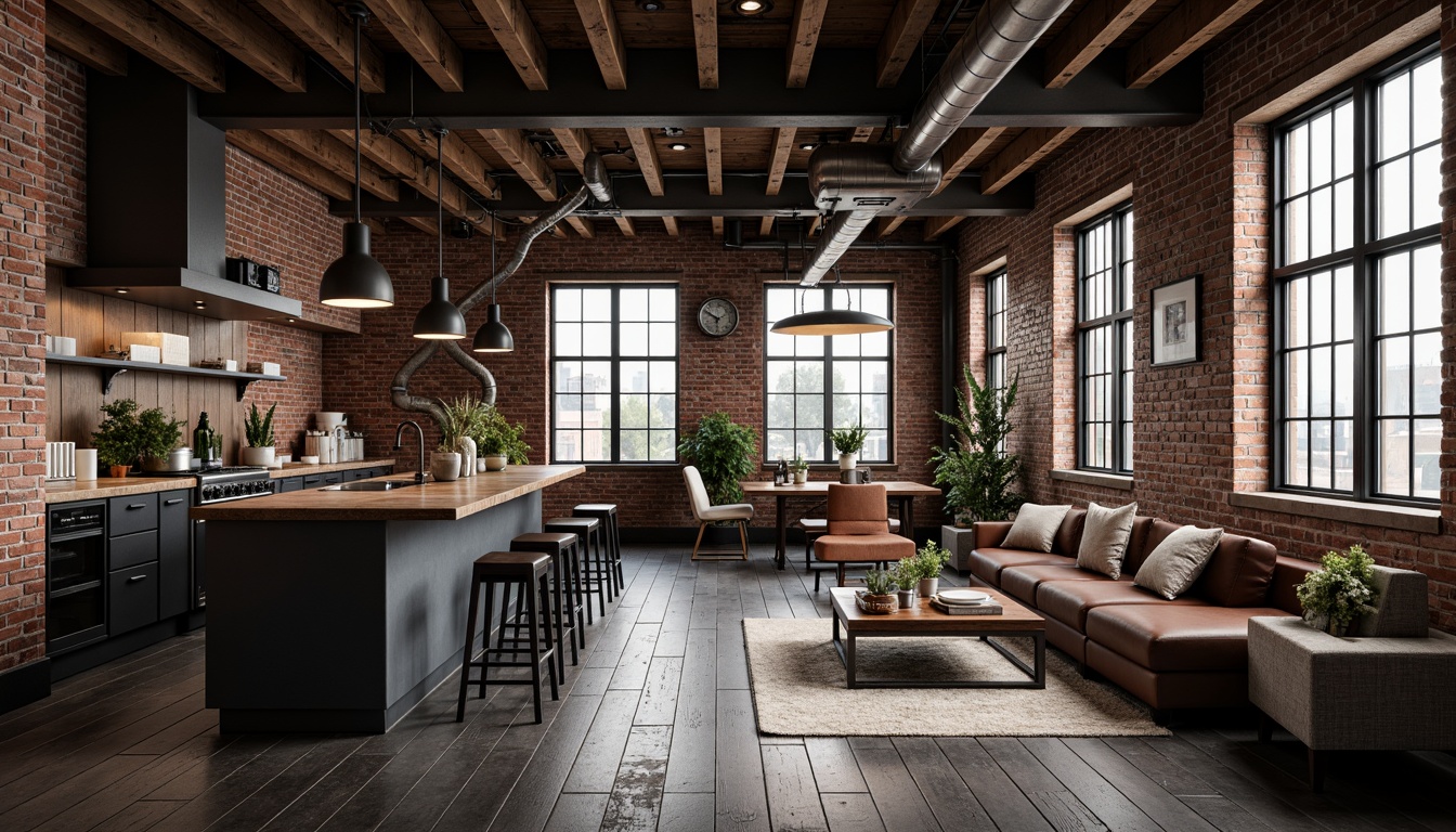 Prompt: Industrial-chic interior, exposed brick walls, metal accents, distressed wooden beams, reclaimed wood floors, industrial-style lighting fixtures, matte black pipes, urban loft atmosphere, gritty concrete textures, metallic sheen, edgy modern aesthetic, high-contrast color scheme, dramatic shadows, 1/1 composition, low-key lighting, realistic reflections.