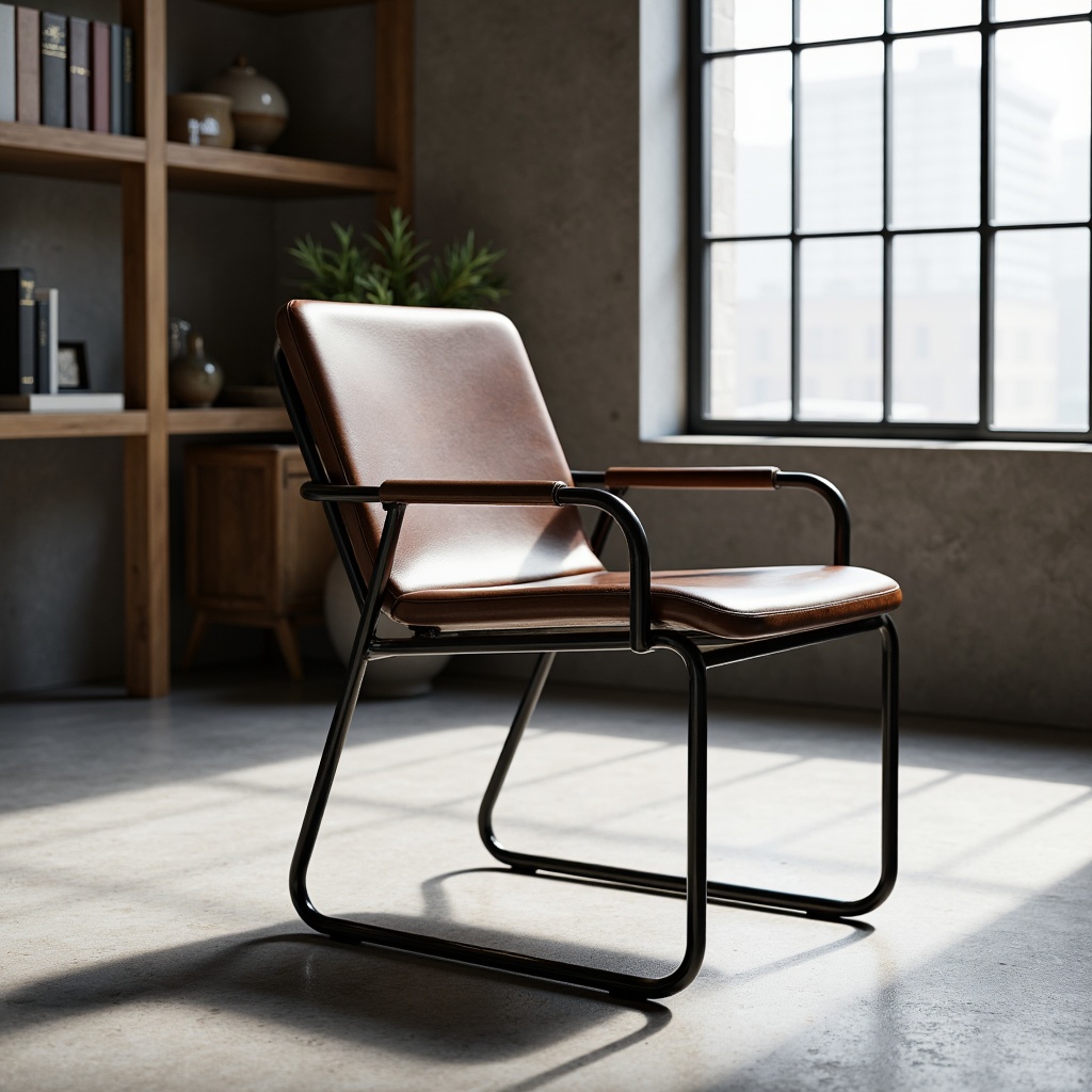 Prompt: Simple minimalist chair, tubular steel frame, leather upholstery, adjustable armrests, geometric shapes, primary color palette, functional simplicity, industrial materials, exposed mechanical joints, clean lines, minimal ornamentation, rational design, emphasis on function, rectangular forms, monochromatic color scheme, bold typography, urban loft setting, natural light, modernist aesthetic, high-contrast shadows, 1/1 composition, graphic lighting.