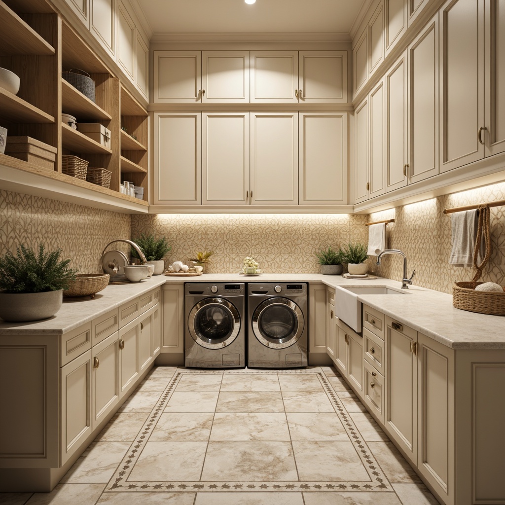 Prompt: Elegant laundry room, classic ornate cabinets, soft cream colors, warm beige tones, polished chrome fixtures, intricate tile patterns, luxurious marble countertops, built-in washer and dryer units, sleek wooden shelves, wicker storage baskets, hanging garment organizers, adjustable shelving systems, ambient soft lighting, shallow depth of field, 1/1 composition, realistic textures, subtle reflections.