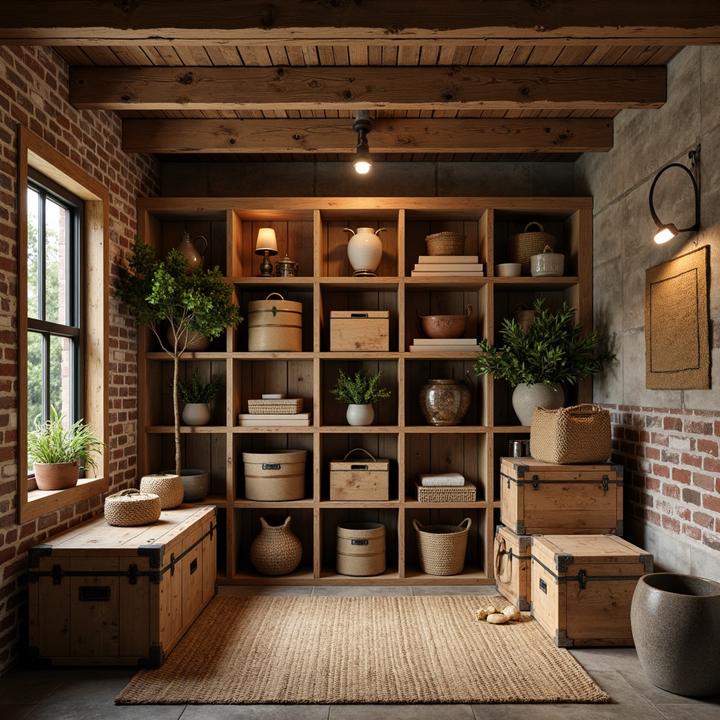 Prompt: Rustic storage room, wooden crates, vintage metal trunks, distressed finishes, earthy tones, woven baskets, jute rugs, natural fibers, burlap textures, reclaimed wood shelves, industrial lighting, exposed brick walls, stone floors, cozy nooks, warm beige colors, soft candlelight, shallow depth of field, 1/1 composition, rustic charm, inviting ambiance.