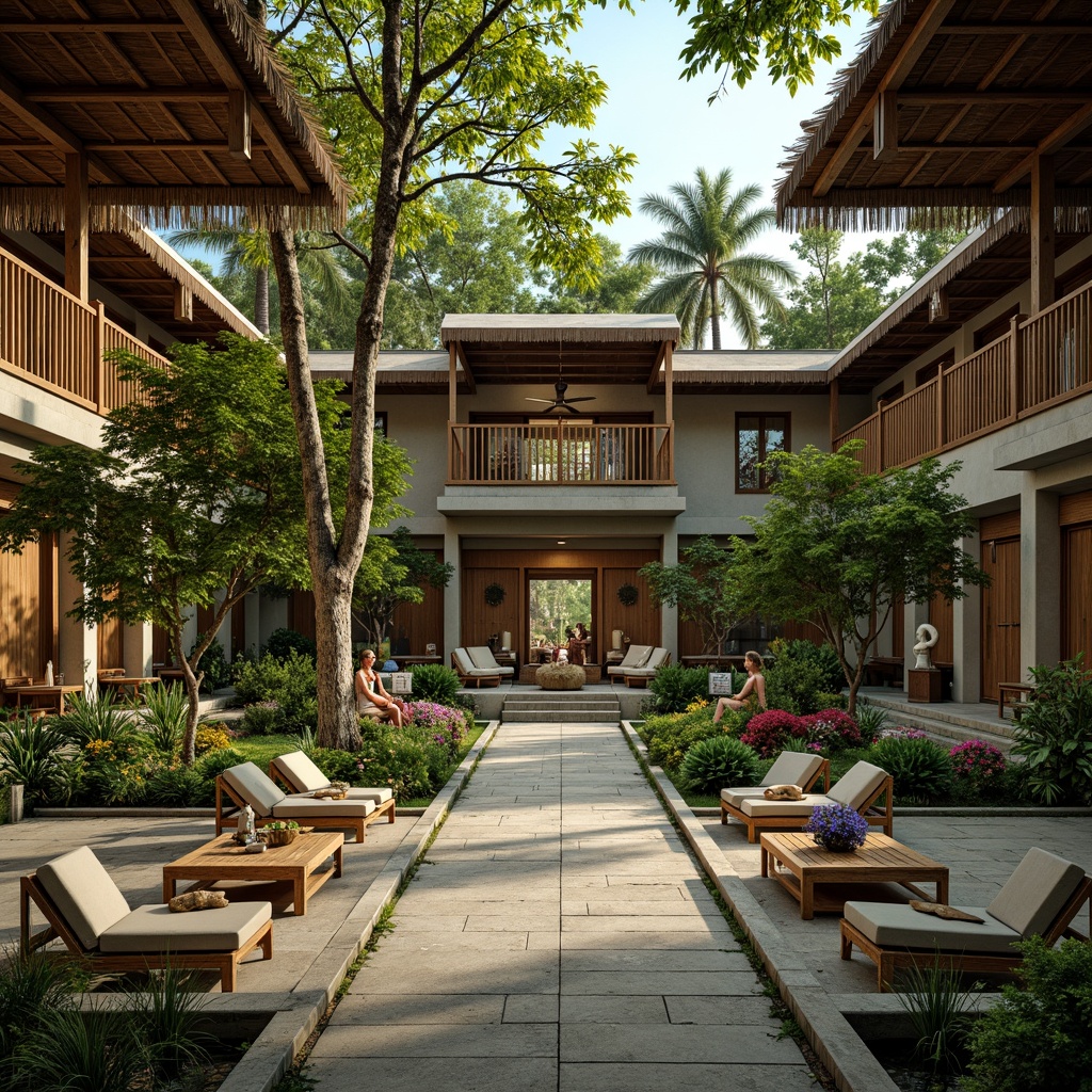 Prompt: Tropical monastery, lush greenery, exotic flowers, natural stone walls, wooden accents, thatched roofs, vibrant colors, woven textiles, rattan furniture, bamboo decorations, rustic wood benches, tranquil water features, serene statues, soft warm lighting, shallow depth of field, 3/4 composition, panoramic view, realistic textures, ambient occlusion.