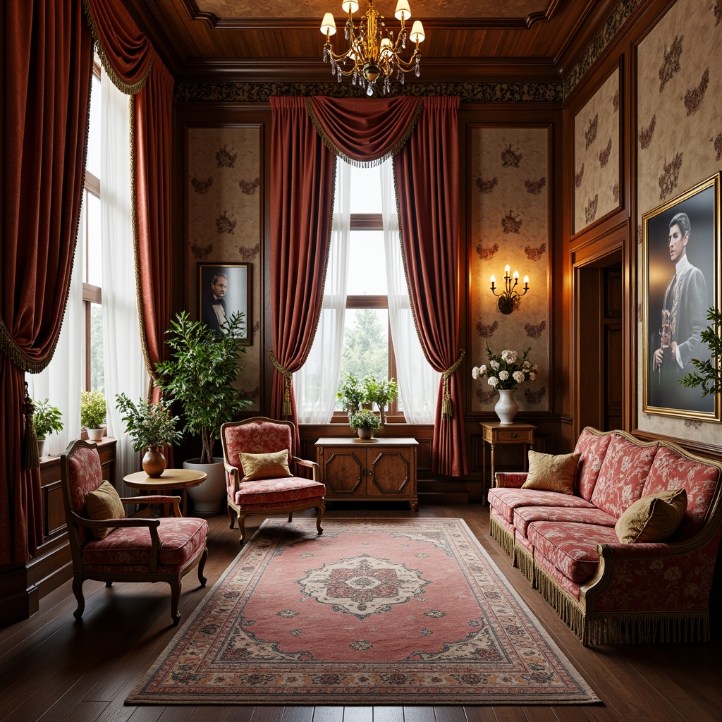 Prompt: Rich velvet fabrics, intricate floral patterns, ornate furniture upholstery, heavy drapery, luxurious silk materials, warm golden lighting, ornamental tassels, classic wooden paneling, antique furnishings, distressed leather armchairs, vintage rug patterns, opulent chandeliers, soft pastel colors, stately window treatments, grandiose architectural details, 1/1 composition, shallow depth of field, realistic textures.