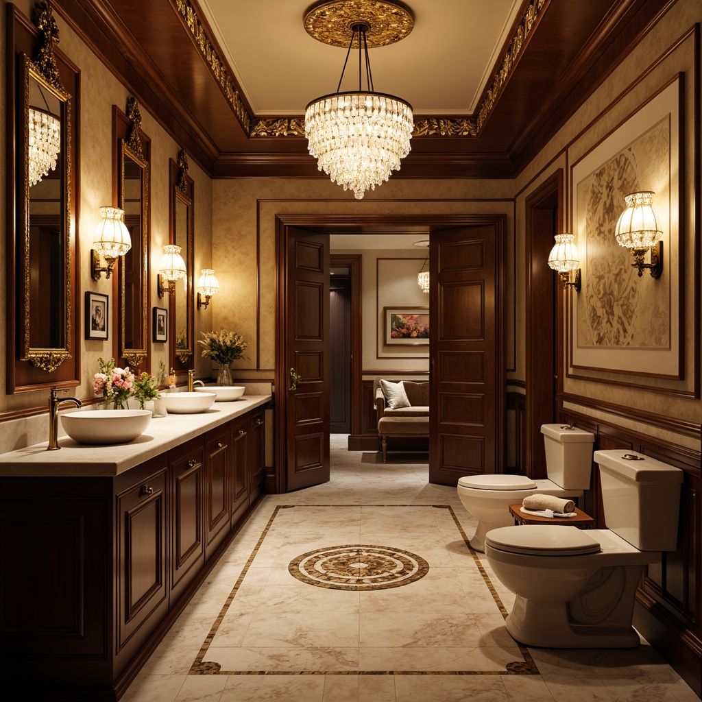 Prompt: Luxurious powder room, ornate mirrors, elegant chandeliers, marble countertops, soft warm lighting, intimate ambiance, spacious layout, ample storage cabinets, premium fixtures, designer faucets, vessel sinks, decorative floor tiles, rich wood accents, sophisticated color palette, 3/4 composition, shallow depth of field, panoramic view, realistic textures, ambient occlusion.