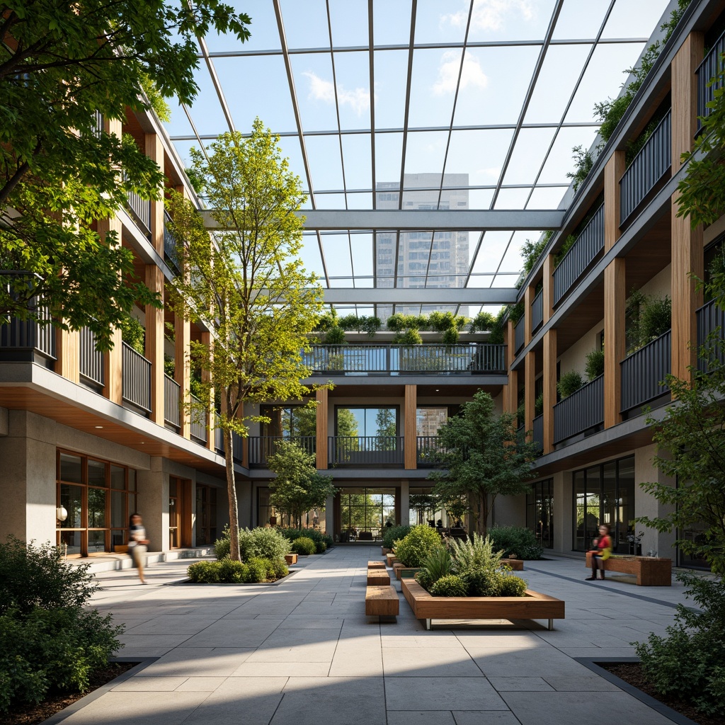 Prompt: Airy atrium, spacious courtyard, lush green walls, natural stone flooring, minimalist decor, sleek metal railings, expansive glass ceilings, abundant daylight, warm wooden accents, comfortable seating areas, vibrant living walls, urban rooftop garden, cityscape views, soft breeze, gentle shadows, shallow depth of field, 3/4 composition, panoramic view, realistic textures.