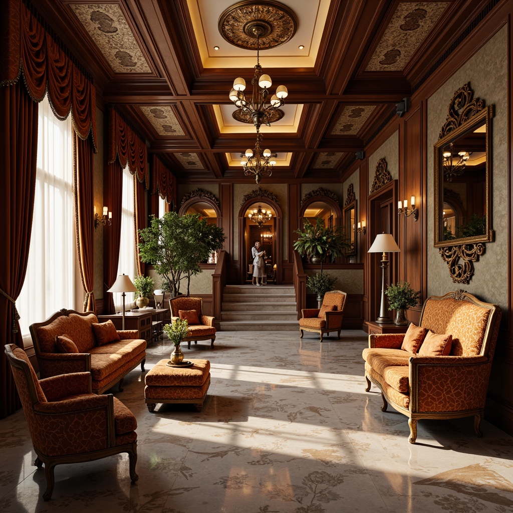 Prompt: Richly ornamented traditional mansion, luxurious velvet sofas, intricately carved wooden armchairs, ornate mirrors, crystal chandeliers, lavish silk drapes, polished marble floors, warm golden lighting, spacious high ceilings, grandiose staircases, beautifully crafted wooden paneling, elegant vases, classic European-inspired furniture, subtle earthy color palette, balanced 2/3 composition, shallow depth of field, realistic textures.