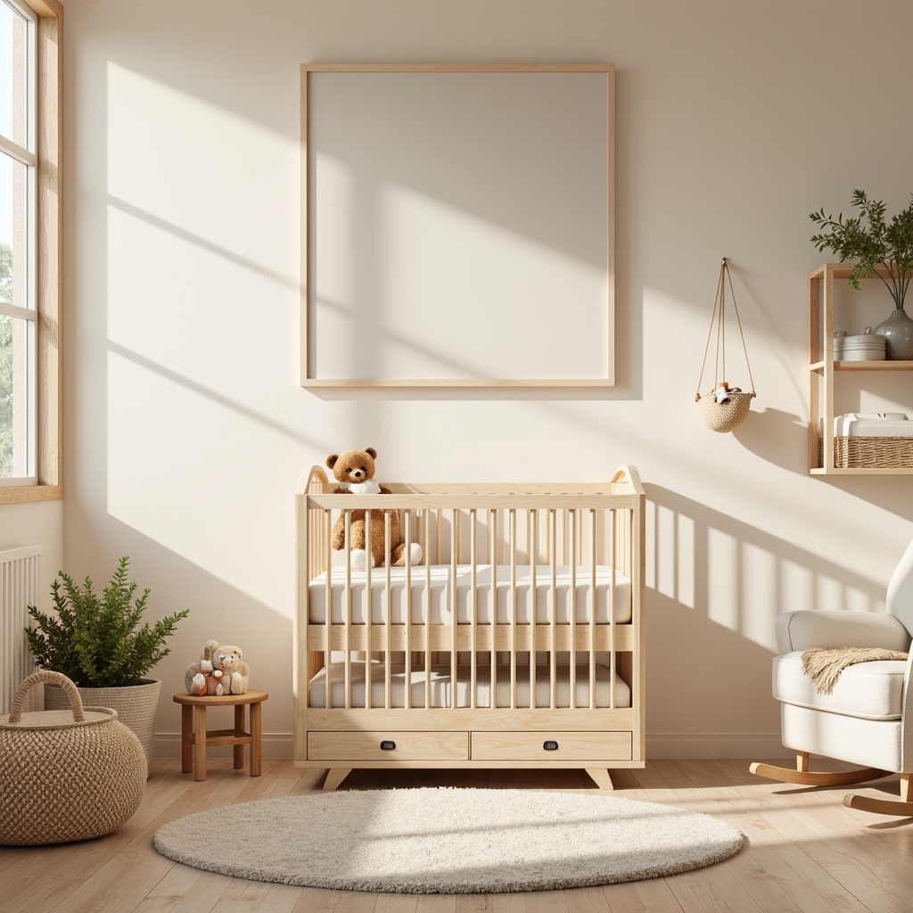 Prompt: Cozy baby room, soft pastel colors, plush area rug, wooden crib, gentle curves, creamy white furniture, adorable stuffed animals, delicate mobiles, warm beige walls, subtle texture, natural wood accents, comfortable glider, calming atmosphere, peaceful ambiance, softbox lighting, 3/4 composition, shallow depth of field, realistic textures, ambient occlusion.