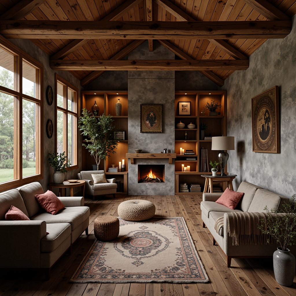 Prompt: Rustic cabin, wooden accents, distressed finishes, earthy tones, natural stone walls, reclaimed wood floors, vintage furniture, woven textiles, plush throw blankets, candlelit ambiance, warm soft lighting, shallow depth of field, 1/2 composition, cozy nooks, rustic metal decorations, earthy scents, organic patterns, nature-inspired motifs.