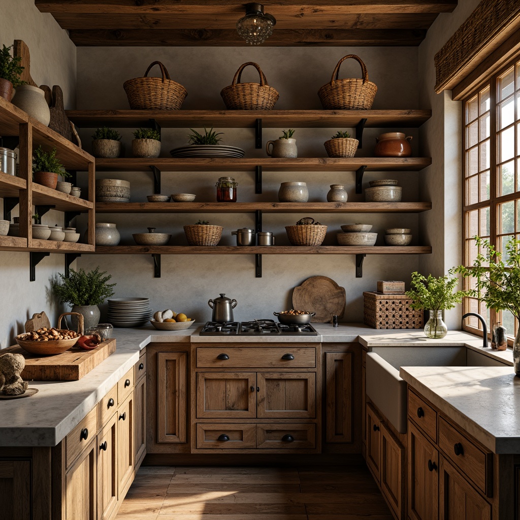 Prompt: Rustic pantry, vintage charm, distressed wood accents, decorative metal brackets, woven baskets, ceramic jars, ornate tin containers, earthy color palette, natural stone countertops, open shelving, farmhouse-style cabinetry, soft warm lighting, shallow depth of field, 1/1 composition, cozy atmosphere, realistic textures, ambient occlusion.