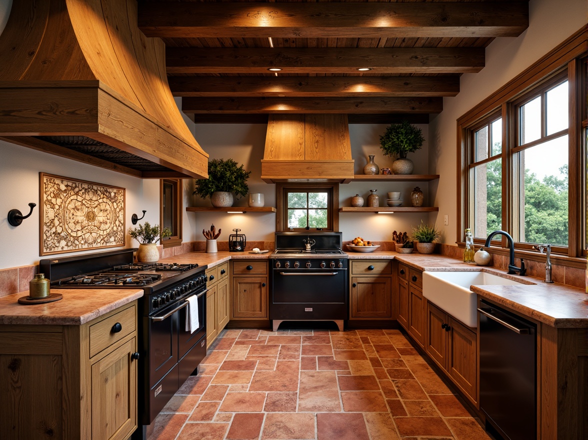 Prompt: Traditional kitchen, warm wood tones, classic cabinetry, ornate fixtures, rich stone countertops, brick red accents, earthy terracotta flooring, distressed hardwood planks, soft warm lighting, cozy atmosphere, rustic wooden beams, vintage decorative items, natural stone walls, farmhouse sink, apron-front cabinets, decorative ceramic tiles, 3/4 composition, shallow depth of field, realistic textures.