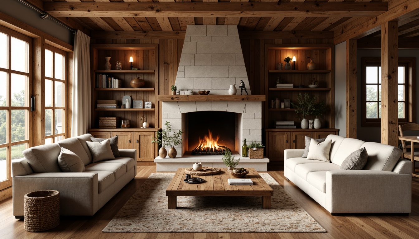 Prompt: Rustic living room, wooden accents, earthy tones, plush sofas, oversized armchairs, natural stone fireplace, reclaimed wood coffee table, woven baskets, vintage decorative items, warm ambient lighting, soft cozy textures, 1/1 composition, intimate atmosphere, realistic renderings.