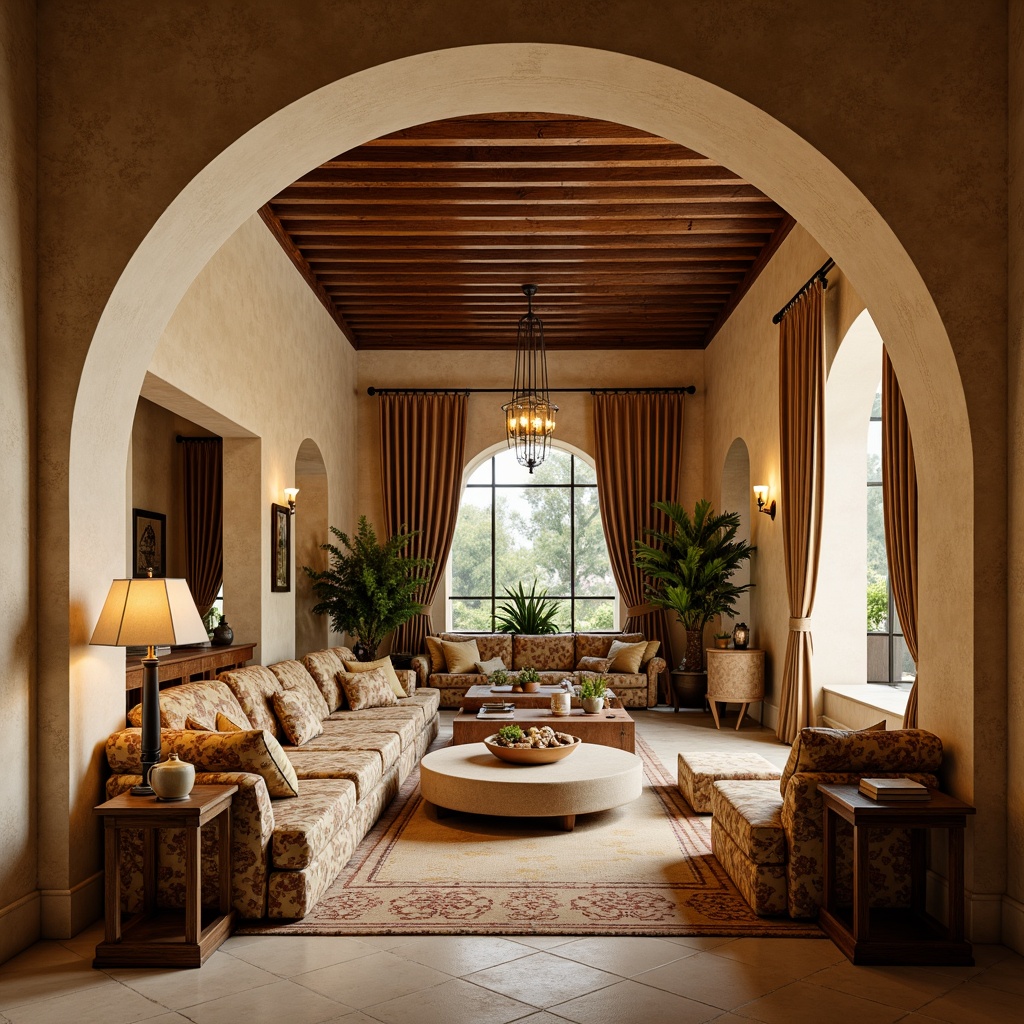 Prompt: Luxurious villa, warm beige stonework, elegant archways, plush velvet sofas, rich wood accents, intricate floral patterns, soft golden lighting, cozy reading nooks, lavish silk drapes, ornate metal fixtures, sophisticated color palette, subtle texture contrasts, inviting atmosphere, relaxing ambiance, 3/4 composition, shallow depth of field, warm natural light, realistic fabric renderings.