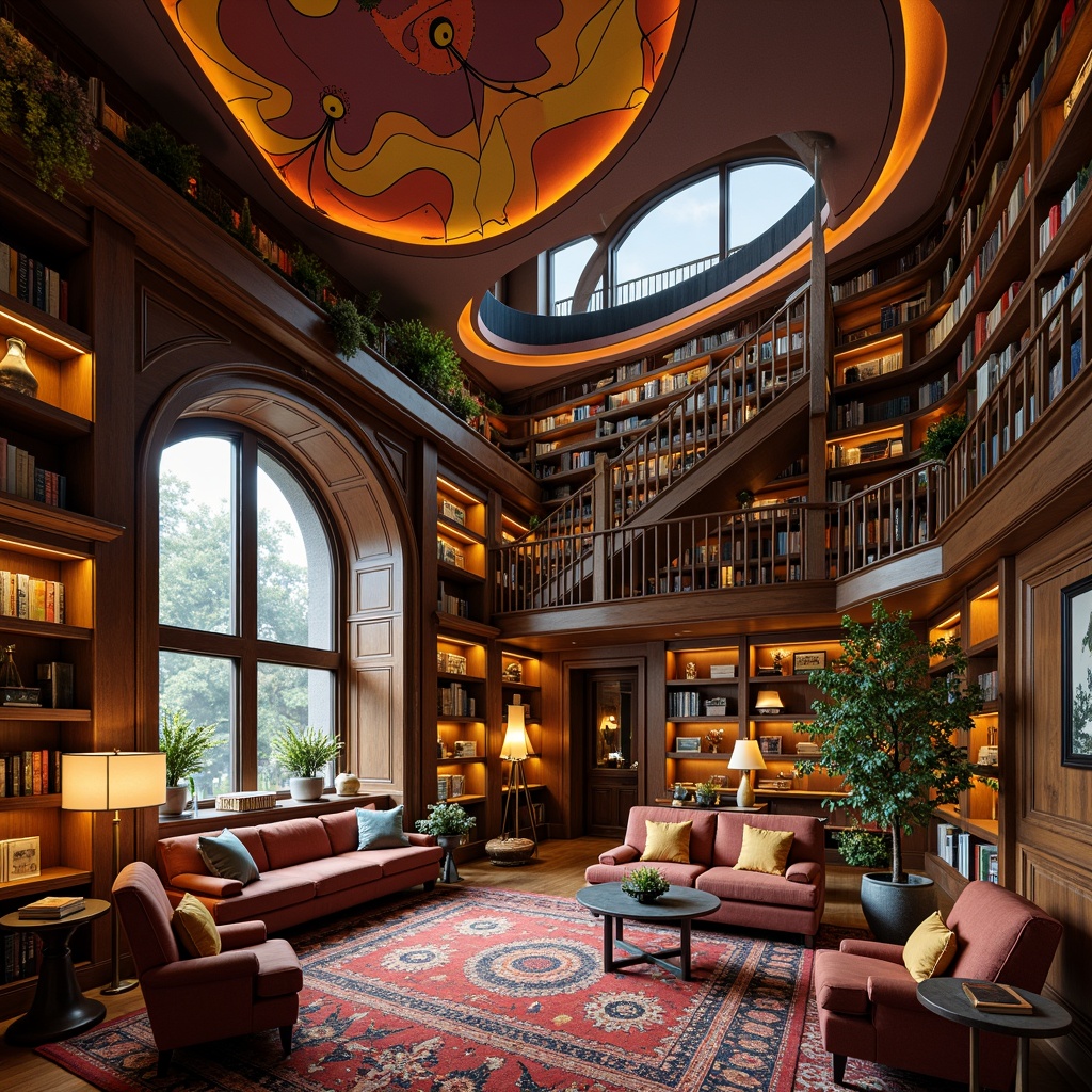 Prompt: Whimsical library interior, expressionist architecture, bold color schemes, curved lines, ornate details, eclectic furniture pieces, plush armchairs, wooden bookshelves, metal reading lamps, vibrant rugs, abstract artwork, dynamic shapes, dramatic lighting, warm atmospheric ambiance, cozy reading nooks, comfortable seating areas, rich wood tones, luxurious fabrics, intricate carvings, sculptural elements, artistic freedom.