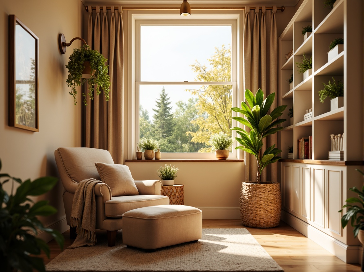 Prompt: Cozy reading nook, warm beige walls, plush velvet armchair, soft golden lighting, rich walnut wood accents, comfortable oversized pillows, calming greenery, natural woven baskets, creamy white bookshelves, soothing pastel colors, gentle ombre effects, warm earthy tones, inviting textures, serene atmosphere, peaceful ambiance, soft focus, shallow depth of field, 1/2 composition.